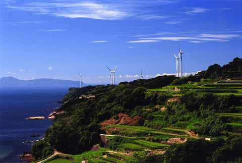 棚田と風力発電の写真